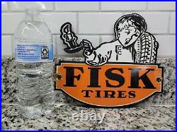 Vintage Fisk Porcelain Sign Tire Sales Auto Car Garage Oil Gas Station Metal