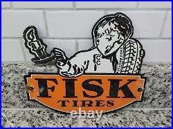Vintage Fisk Porcelain Sign Tire Sales Auto Car Garage Oil Gas Station Service