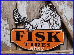 Vintage Fisk Tire Porcelain Sign Automobile Parts Garage Tire Wheel Service Boy