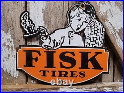 Vintage Fisk Tire Porcelain Sign Automobile Parts Garage Tire Wheel Service Boy