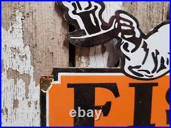 Vintage Fisk Tire Porcelain Sign Automobile Parts Garage Tire Wheel Service Boy