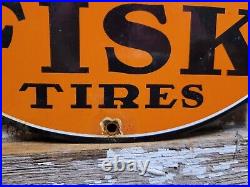 Vintage Fisk Tire Porcelain Sign Automobile Parts Garage Tire Wheel Service Boy