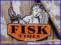 Vintage Fisk Tire Porcelain Sign Automobile Parts Garage Tire Wheel Service Boy