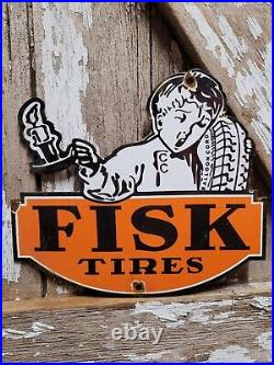 Vintage Fisk Tire Porcelain Sign Automobile Parts Garage Tire Wheel Service Boy