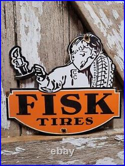 Vintage Fisk Tire Porcelain Sign Automobile Parts Garage Tire Wheel Service Boy