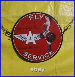 Vintage Fly A Service Gas&oil Tires Batteries Pinup Girl Porcelain Enamel Sign