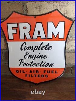 Vintage Fram Oil-air-fuel Filters Porcelain Advertising Die Cut Sign 12 X 11