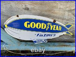 Vintage GOODYEAR Porcelain RARE Gas Oil Sign 2-SIDED Auto Tire Blimp Advertising