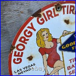 Vintage GOODYEAR Porcelain Sign Georgy Girl Tire Battery Service Vegas Gas Oil