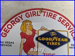Vintage Georgy Girl Goodyear Tire Service Porcelain Metal Gas Pump Sign