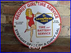 Vintage Georgy Girl Tire Service Porcelain Enamel Gas Station Sign 12 Goodyear