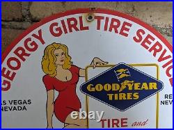 Vintage Georgy Girl Tire Service Porcelain Enamel Gas Station Sign 12 Goodyear