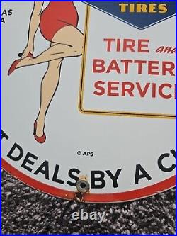 Vintage Georgy Girl Tire Service Porcelain Enamel Gas Station Sign Goodyear