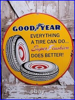 Vintage Good Year Porcelain Sign 30 Automobile Tires Car Parts Super Cushion