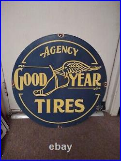 Vintage Good Year Porcelain Sign Agency Motorcycle Tires 30 Gas Oil Service Ad