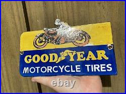 Vintage Good Year Porcelain Sign Motorcycle Tires Gas Oil Old Service Station