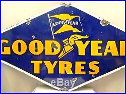 Vintage Good Year Tire Advertising Sign Rhombus Shape Porcelain Enamel Collectib