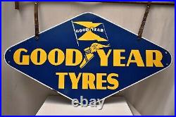 Vintage Good Year Tire Sign Porcelain Enamel With Wrought Iron Hanging Bracket