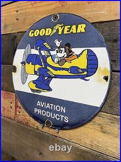 Vintage Good Year Tires Porcelain Sign Gas & Oil Mickey Mouse Aviation Products