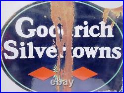 Vintage Goodrich Silvertowns Tire Porcelain Enamel Sign Double Sided Flange USA