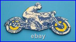 Vintage Goodyear Motorcycle Porcelain Gas Bike Tires Service Die-cut Pump Sign