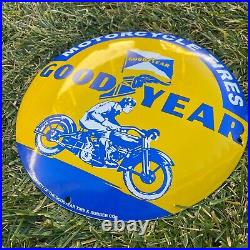 Vintage Goodyear Motorcycle Tires Porcelain Metal Gas & Oil 12 Button Shop Sign