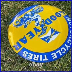 Vintage Goodyear Motorcycle Tires Porcelain Metal Gas & Oil 12 Button Shop Sign