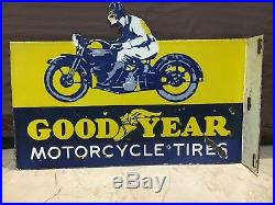 Vintage Goodyear Motorcycle Tires Porcelain Sign Harley, Indian, 2 Sided Flange