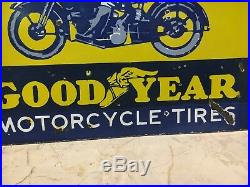 Vintage Goodyear Motorcycle Tires Porcelain Sign Harley, Indian, 2 Sided Flange
