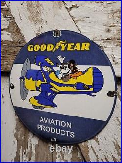 Vintage Goodyear Porcelain Sign Disney Mickey Aviation Tires Rubber Products USA