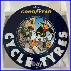 Vintage Goodyear Porcelain Sign Gas Oil Donald Duck Tire Service Ad Pump Plate