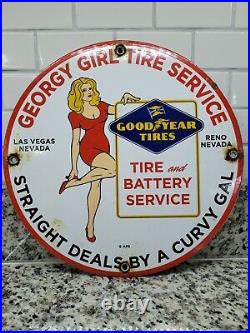 Vintage Goodyear Porcelain Sign Las Vegas Reno Gas Oil Sales Auto Tire Woman