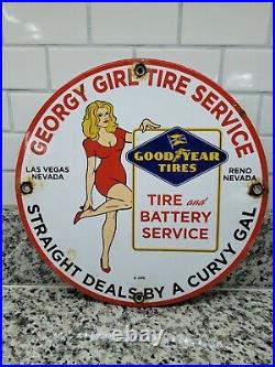 Vintage Goodyear Porcelain Sign Las Vegas Reno Gas Oil Sales Auto Tire Woman