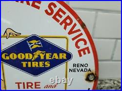 Vintage Goodyear Porcelain Sign Las Vegas Reno Gas Oil Sales Auto Tire Woman