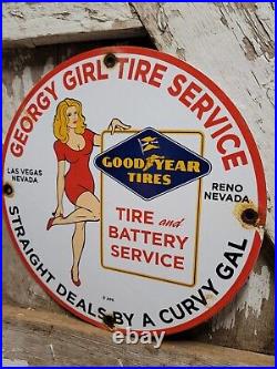 Vintage Goodyear Porcelain Sign Las Vegas Reno Gas Oil Sales Auto Tire Woman