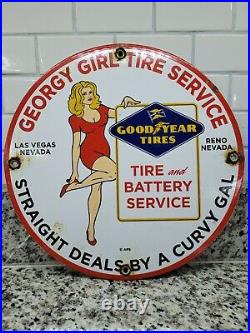 Vintage Goodyear Porcelain Sign Las Vegas Reno Gas Oil Sales Auto Tire Woman