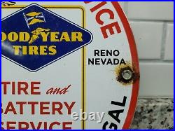 Vintage Goodyear Porcelain Sign Las Vegas Reno Gas Oil Sales Auto Tire Woman