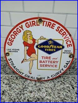 Vintage Goodyear Porcelain Sign Las Vegas Reno Gas Oil Sales Auto Tire Woman