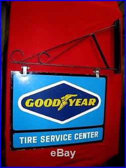 Vintage Goodyear Tire And Service Center Sign With Hanger, 2 Sided Metal Nice