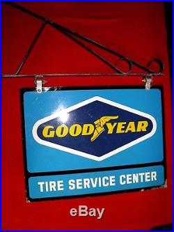 Vintage Goodyear Tire And Service Center Sign With Hanger, 2 Sided Metal Nice