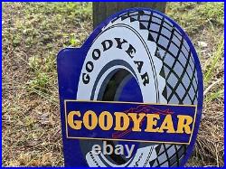 Vintage Goodyear Tires Porcelain Metal Gas Pump Sign Die Cut