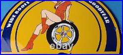 Vintage Goodyear Tires Sign Pinup Girl Sign Gas Motor Oil Pump Porcelain Sign