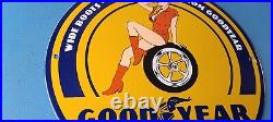 Vintage Goodyear Tires Sign Pinup Girl Sign Gas Motor Oil Pump Porcelain Sign