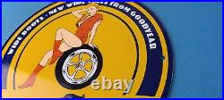 Vintage Goodyear Tires Sign Pinup Girl Sign Gas Motor Oil Pump Porcelain Sign