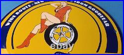 Vintage Goodyear Tires Sign Pinup Girl Sign Gas Motor Oil Pump Porcelain Sign