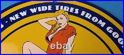 Vintage Goodyear Tires Sign Pinup Girl Sign Gas Motor Oil Pump Porcelain Sign