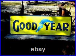 Vintage Hand Painted Metal GOODYEAR TIRE Sign Tractor Truck Gas Oil Lube YELLOW