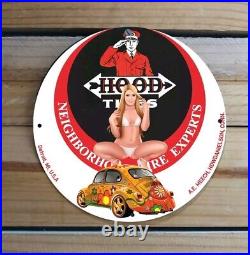 Vintage Hood Tires Service Garage Pinup Girl Porcelain Enamel Sign