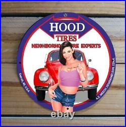 Vintage Hood Tires Service Garage Pinup Girl Porcelain Enamel Sign