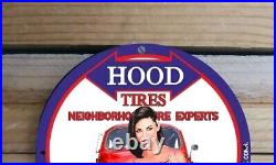 Vintage Hood Tires Service Garage Pinup Girl Porcelain Enamel Sign